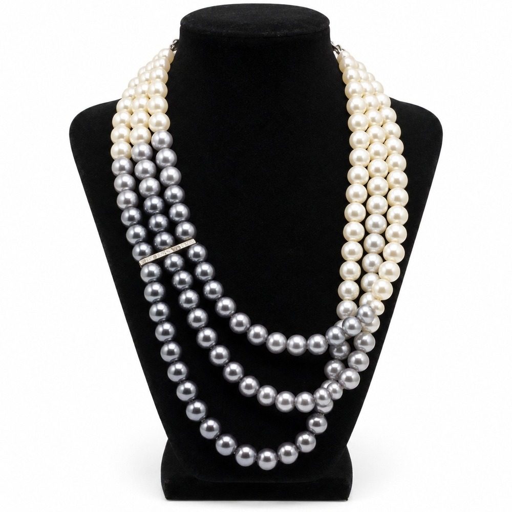 3 Strand Faux Pearl Necklace Gray White Ombre Multi Layer Statement Rhinestone